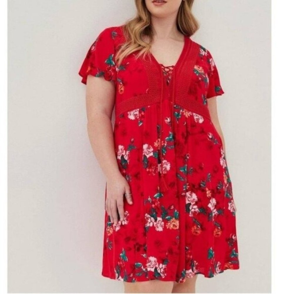 Torrid Red Gauzy Floral Skater Dress
